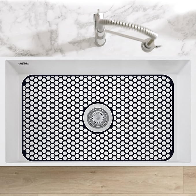 Silicone Sink Protectors for Kitchen Sink with Center Drain, 26"x 14" Kitchen Grid Accessory, Non-Slip Heat-Resistant Mat for Bottom of Farmhouse Porcelain Stainless Steel (Center Hole, Black)