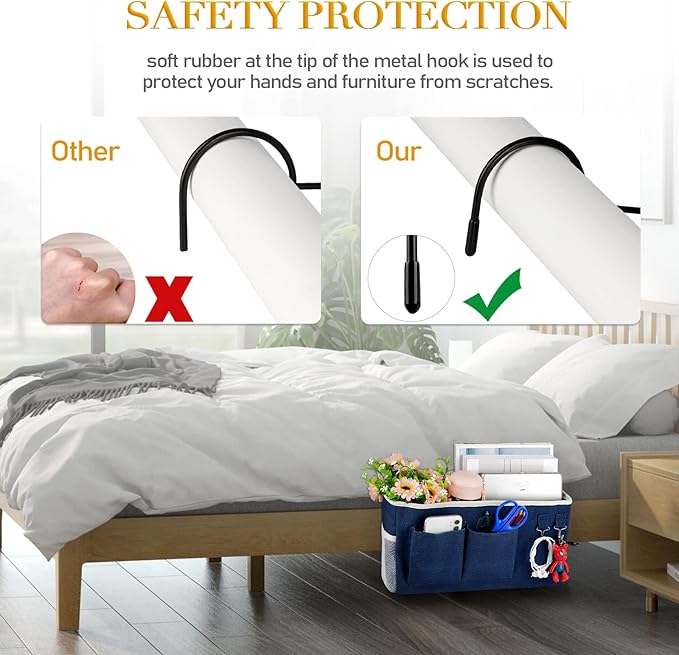 Ozzptuu Bedside Storage Caddy/Bedside Hanging Storage Bag for Headboards Bunk Beds Dorm Rooms Book Phone Magazine Holder (2PC Navy Blue)