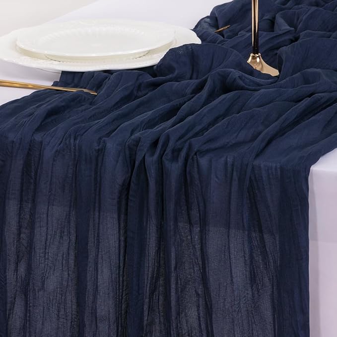 Socomi 6pcs Navy Blue Summer Cheesecloth Table Runner Boho Rustic Gauze 120 inch 10FT Cheese Cloth Sheer Runner for Wedding Party Baby Shower Birthday Home Decor Holiday Decorations