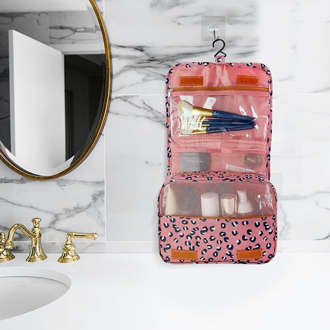 Lcsmaokin Large Capacity Toiletry Bag Travel Bag with Hanging Hook for Men and Women Waterproof Travel Cosmetic Bag Bathroom Storage Bag for Brushes Set,Full-Sized Shampoo,Accessories-Pink Leopard