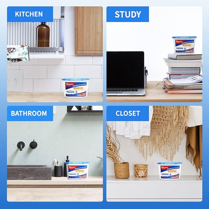 Vacplus Moisture Absorbers - Dehumidifiers for Closet, Efficient Humidity Absorber Boxes Collect Excess Moisture for Bathroom, Kitchen, Study, Fragrance-Free, 3 Pack