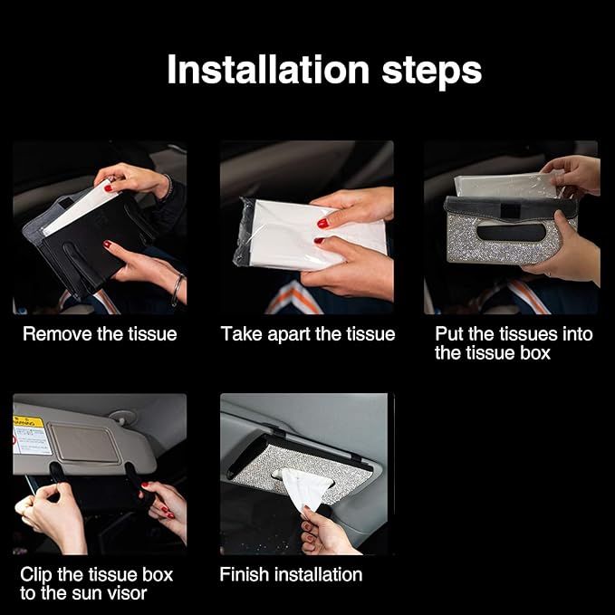ChuLian Bling Bling Car Visor Tissue Holder Leather Crystals Paper Towel Cover Case & Glitter Sunglasses Clip for Women Black