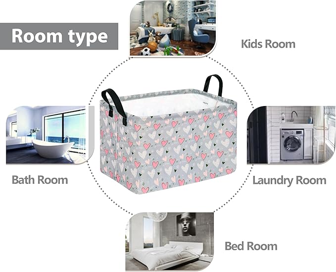 Rec Heart Print Box Hamper Storage Basket Collapsible Organizer Bin Gift Shelf Baskets for Home and Kitchen Storage