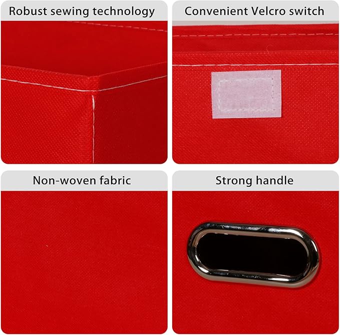 Linen Fabric Foldable Collapsible Storage Cube Bin Organizer Basket Fabric Storage Bins with Lid, Leather Handles, Removable Divider for Home, Closet, Red 3Pcs