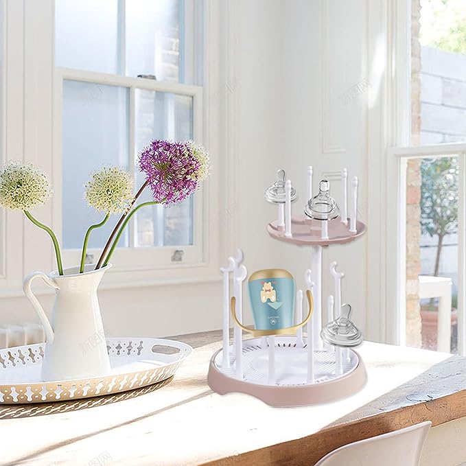 Baby Bottle Drying Rack,Double-Layer Bottle Drying Rack,Hold Up to 16 Baby Bottles,Suitable for Indoor, Kitchen, Living Room(Pink Lotus Root)