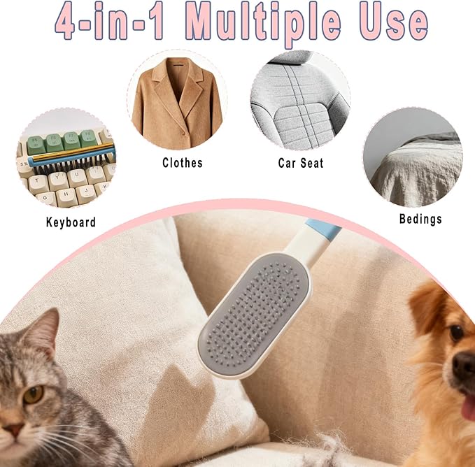 VrythosNex 4-in-1 Pet Hair Remover for Couch, Car, Furniture - Portable Dog Cat Fur Hair Removal Tool with Detachable Brush, Lint Brush, Fabric Shaver, Crevice Tool (Pink)