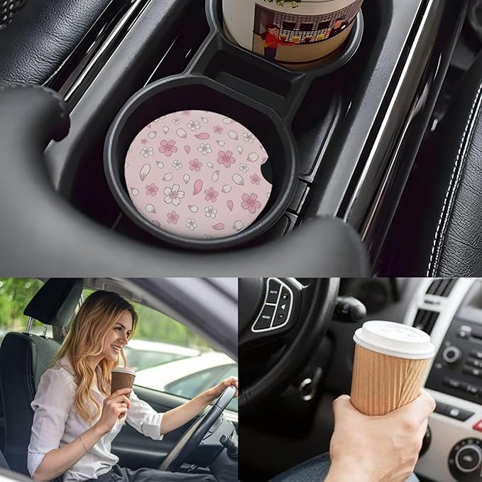 Car Cup Holder Coasters, 2 Pcs Ceramic Coasters with Cork Back and Finger Slot, Anti-Slip Shock Absorbing Women and Men Universal Car Accessories - Pink Sakura