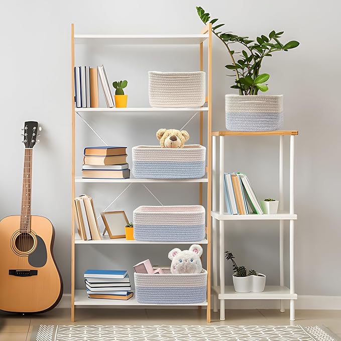 COMFY-HOMI 13" x 8.5" x 5.1" Storage Baskets for Organizing | Cotton Rope Woven Basket | Toy Storage Bin Box | Basket for Shelves, Closet Organizer Bin, Decorative Closet Shelf, 1 Pack, All bule