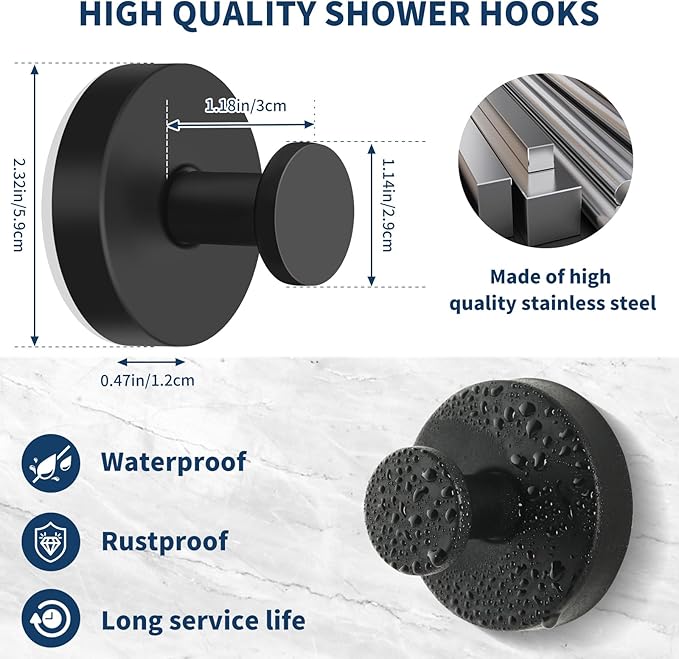 Suction Cup Hooks for Shower Stainless Steel, Suction Hooks for Shower Wall Hangs 11lbs, Bathroom, Kitchen, Glass Door, Mirror, Tile, Loofah, Towel, Coat, Bath Robe, Matte Black 4 Pack