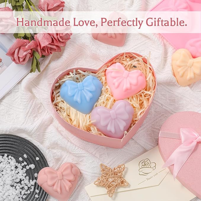 SJ Heart&Bow Shaped Silicone Mold 2 Packs, Soap Molds for Soap Making, 6 Cavities Heart Silicone Mold for Chocolate Cake Jelly Pudding Handmade Soap Mould Candy Making Ice Cube Trays Set of 2 -Pink