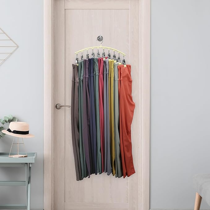 Volnamal Legging Organizer for Closet, Metal Yoga Pants Hangers 2 Pack w/10 Clips Holds 20 Leggings, Space Saving Hanging Closet Organizer w/Rubber Coated Closet Organizers and Storage, Ivory