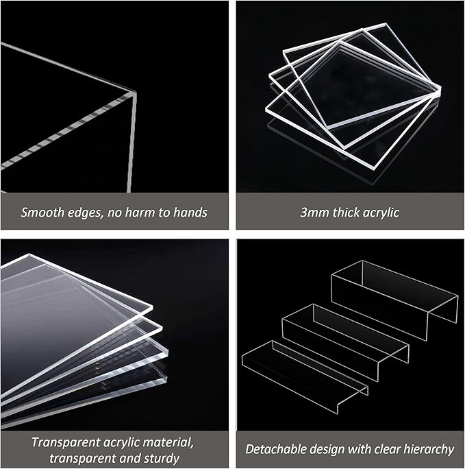 Clear Riser Display Shelf 3pcs, Desktop Rectangular Acrylic Display Shelves Storage Organizer, Acrylic Stands for Funko Pop Figure, Bags, Shoes, Spice Jars, Skincare, Cosmetics - 12-2'', 3'',