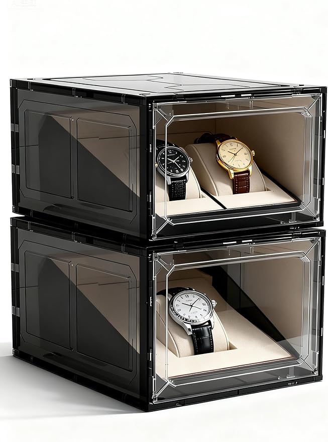 6 Pack Large Drop-Front Black Transparent Shoe Boxes, Stackable Sneaker Storage Container for Closet, Fits US Size 13+, Magnetic Front Door, Heavy-Duty Reinforced Plastic Shoe Organizer