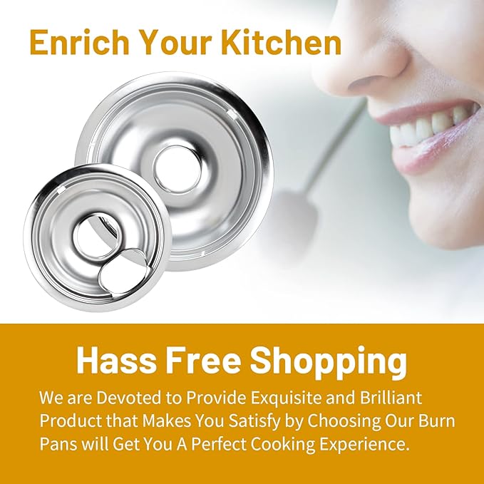 4 Pack Chrome Drip Pans, Compatible with Whirpool Kenmore Frigirate Stove Top Drip Bowls. Include 2 Pcs 6'' Range Replacement Drip Pans and 2 Pcs 8 '' Cooktop Drip Pans