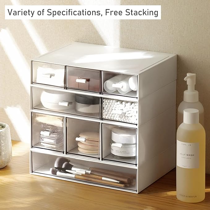 Desk Organizer-Stackable Storage Drawers, Plastic Compact Desk Storage Box Perfect for Collection Small Item/Cosmetic Office Organizer - 3 drawers (White)
