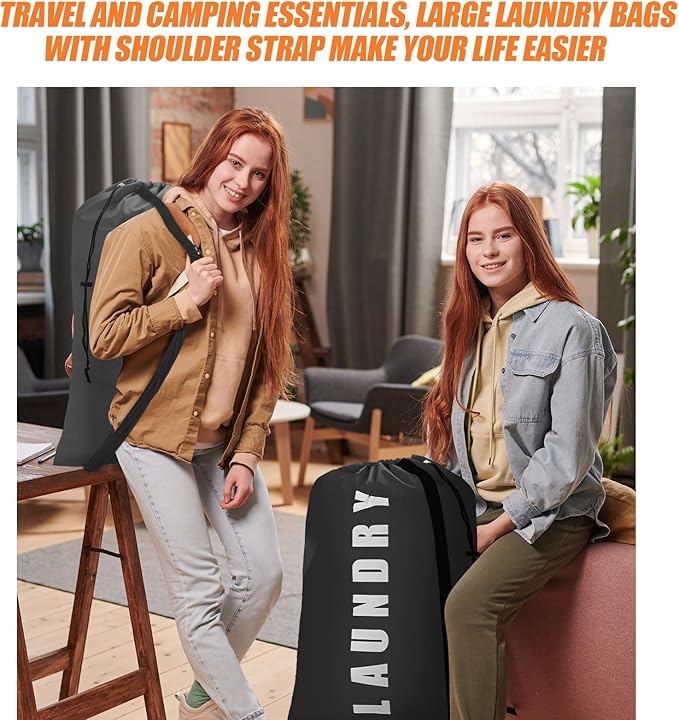 Isink Heavy Duty Laundry Bag with Strap, 2 Pack Travel Laundry Bags for Dirty Clothes, 24" x 36" Large Laundry Bag for Traveling, Camping, Dorm (Black+ Gray)