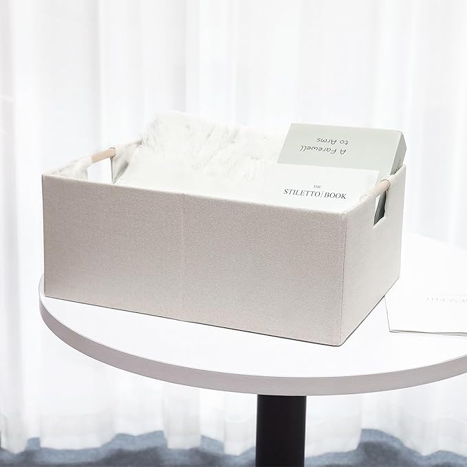 Fabric Storage Bin Box Foldable Cotton Linen Storage Basket with Wooden Handles Rectangular Cube Decorative Home Laundry Organizer Clothes Blanket Container - Beige, Large