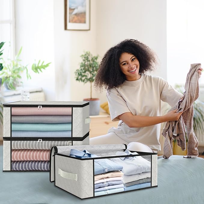 HomeHacks Storage 4-Pack Clothes Organizer Storage Bags Foldable Storage Box with Large Clear Window Sturdy Handles for Closet, Dorm, Pillows, Bedding, Clothes, Blankets, 35L, Ivory