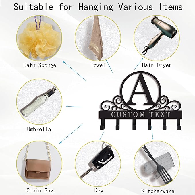 Personalized Initial Key Holder for Wall, Decorative Metal Key Holder Wall Mount, Key Hooks Coat Rack Monogram Decor, Perfect for Bathroom, Living Room, Kitchen, Anniversary Housewarming Gift