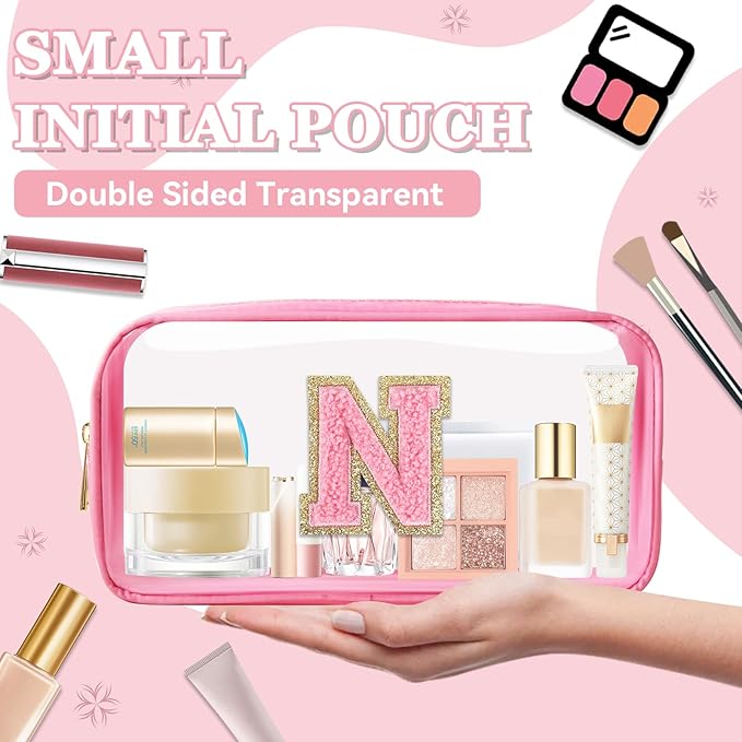 Small Clear Personalized Initial Makeup Bag,Nylon Preppy A-Z Chenille Letter Patch Cosmetic Pouch Beach Toiletry Bag,Waterproof Zipper Travel Purse Storage Bag Organizer for Women Girls(Pink-Pink N)