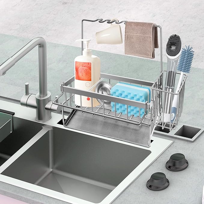 Yazoni Sponge Holder for Kitchen Sink, Rustproof Kitchen Sink Organizer Countertop Holder with High Brush Holder, Multifunctional Soap Dispenser Organizers and Storage Essentials
