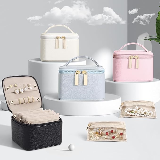 DesignSter Small Jewelry Box, Travel Small Jewelry Organizer with Earring Tray and Ring Holder, Square Travel Jewelry Storage Case with 6 Velvet Jewelry Pouches, Black