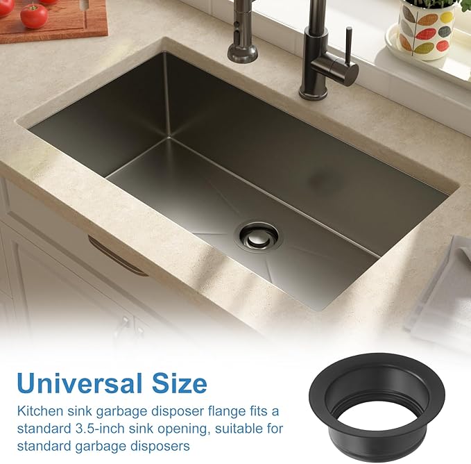 Black Garbage Disposal Sink Flange for InSinkErator, FLG-MTBLK Kitchen Sink Garbage Disposal, Garbage Disposal Stopper, 3-1/2 Inch Universal Stainless Steel Flange - 1 Pack
