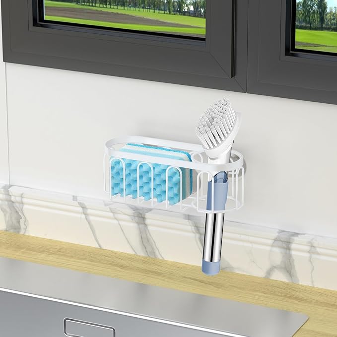 Yazoni 2-in-1 Sponge Holder for Kitchen Sink, Suction Cup Sponge Rack Kitchen Caddy, No Drill Rustproof Sink Organizer Holder for Place Dishwashing Brush Soap (White)