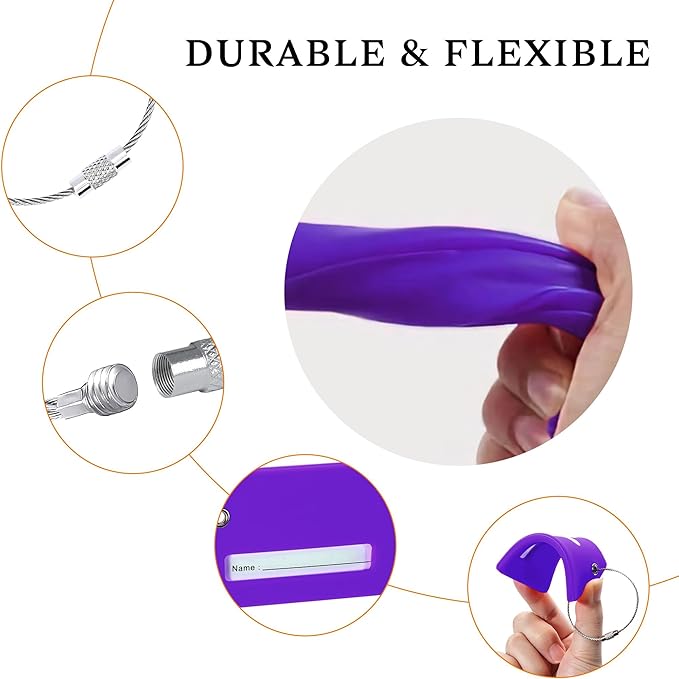 5 Pack Silicone Luggage Tag for Suitcases with Stainless Loop, TSA Approved, Privacy Protection Travel Essentials Bag Tags by Gostwo, Purple