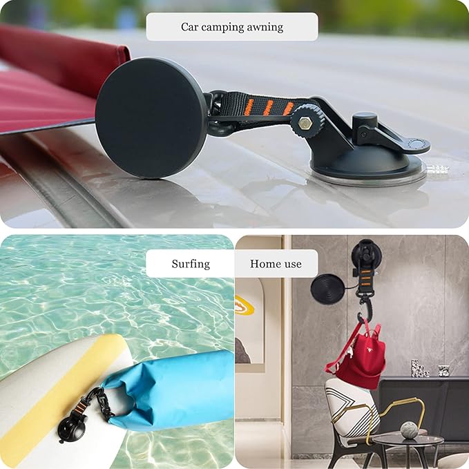 CONBOLA Suction Cups Hooks 4 Pieces Outdoor Car Camping Essentials Heavy Duty Upgraded Tie Down Suction Cup, Camper Accessories Strong Power for RV Boat Window Glass Camping Trap. (4 pcs, Orange)