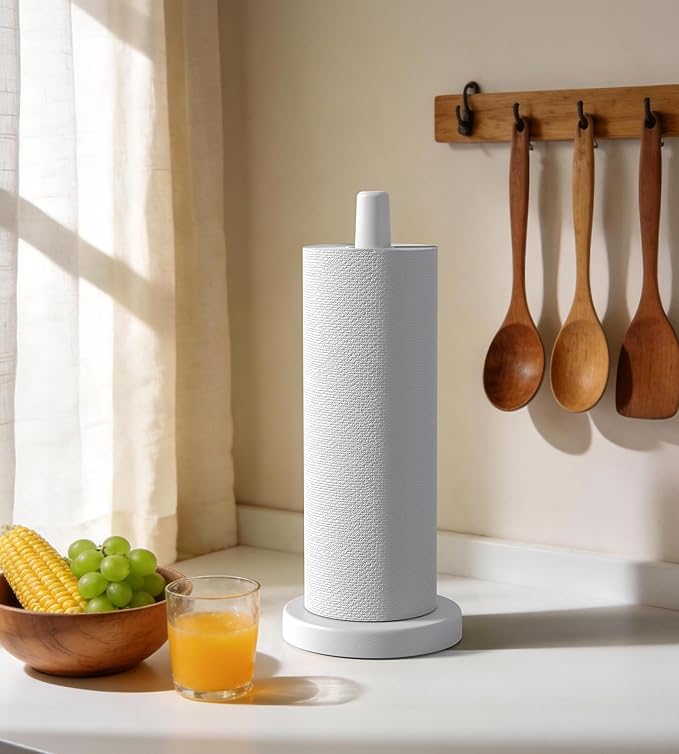 KitchLife Wooden Paper Towel Holder Countertop - Solid Freestanding Paper Towel Dispenser Stand with Anti-Skid Base (White)