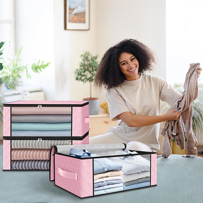 HomeHacks Storage 3-Pack Clothes Organizer Storage Bags Foldable Storage Box with Large Clear Window Sturdy Handles for Closet, Dorm, Pillows, Bedding, Clothes, Blankets, 35L, Pink