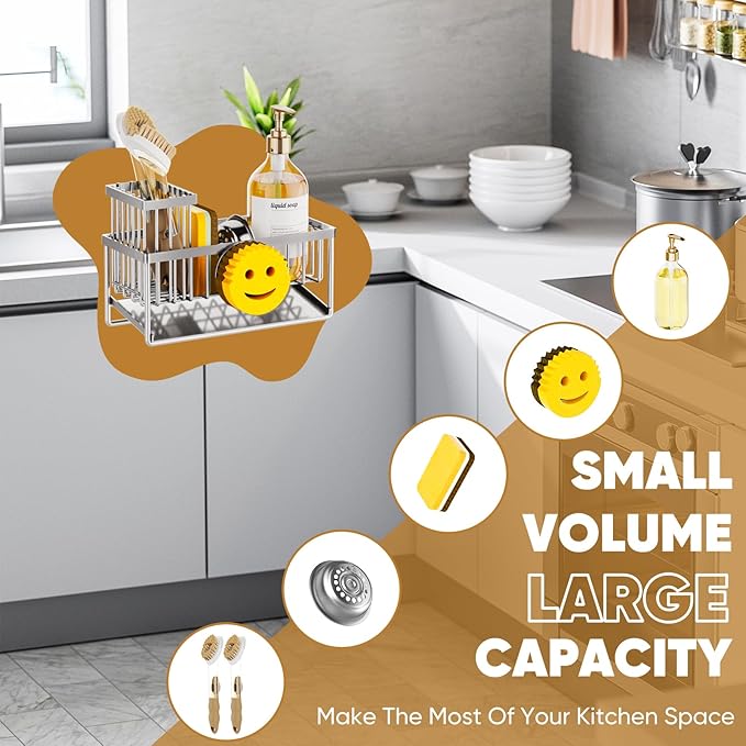 Sponge Holder for Kitchen Sink, Smiley Face Sink Caddy with Removable Brush Holder, Self-Draining Sponge Caddy for Soap, Dish Brush, Scrubber, Kitchen Essentials and Gadgets - Silver