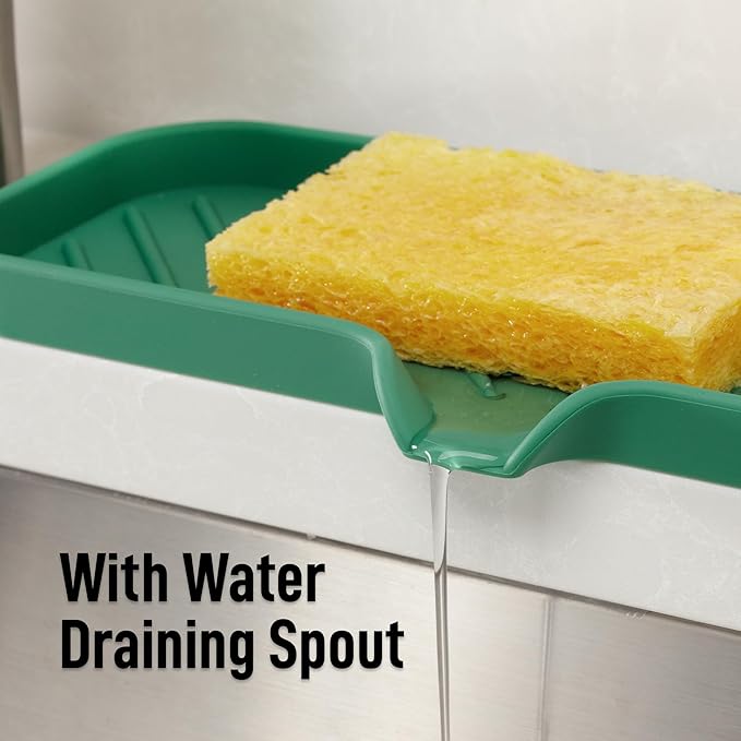 Zulay Kitchen Large Silicone Sponge Holder (12x4) – Flexible Sink Organizer Tray for Kitchen & Bathroom – Multipurpose Soap Dish for Sponges, Makeup, Trinkets & More (Pine Green)