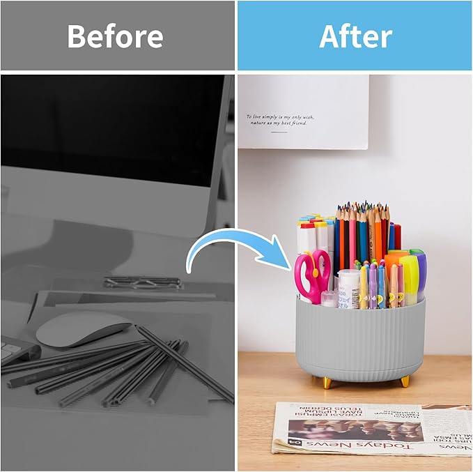 Marbrasse Desk Organizer, 360-Degree Rotating Pen Holder, Desk Organizers and Accessories with 5 Compartments Pencil Holder, Art Supply Storage Box Caddy for Office, Home (Grey)