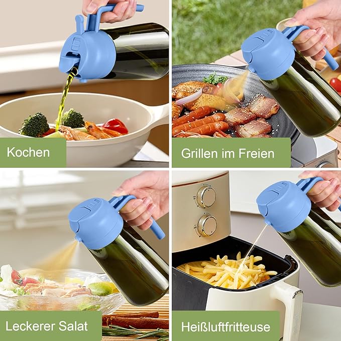 YARRAMATE 16oz/470ml Dark Green Oil Sprayer for Cooking with Stickers, Food-grade Premium 2 in 1 Olive Oil Dispenser Bottle for Kitchen Gadgets, Air Fryer, Salad, Frying, BBQ (SkyBlue)