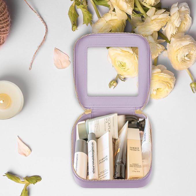 Prite Small Makeup Bag for Women Portable Clear Makeup Bag Cute Mini Waterproof Travel Cosmetic Bag with Gold Zipper for Car Essentials (Violet)