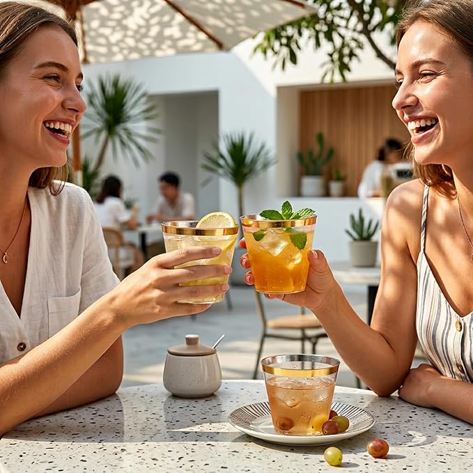I00000 200 Pack Gold Plastic Cups, 9 Oz Elegant Clear Plastic Cups Gold Rimmed Disposable Wine Glasses Fancy Disposable Party Cup Wedding Cup Drinking Tumblers Cocktail Glasses Perfect for Party