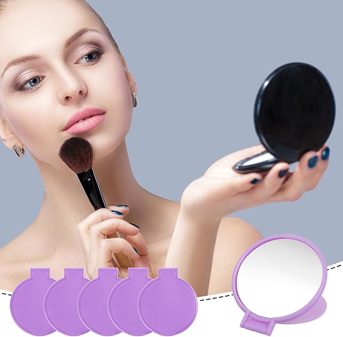 50 Pcs Round Compact Folding Portable Pocket Mirror for Purse Mini Folding Makeup Mirrors Bulk Vintage Travel Makeup Mirror for Women Daily Use (Purple)