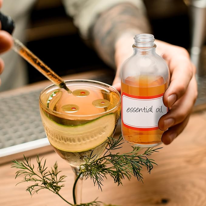 Fumete 2 Pack Glass Bottles 4oz Empty Refillable Liquid Containers with 1 Label 1 Funnel for Essential Oils Hair Travel Plants Cleaning Skin Care (Clear, Gold Top,Dropper Bottle)