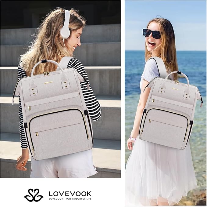 LOVEVOOK Laptop Backpack for Women, 17 Inch Professional Women's Travel Backpack Purse Computer Laptop Bag Nurse Teacher Backpack, Waterproof College Work Bags Carry-on Backpack with USB Port, Off-white