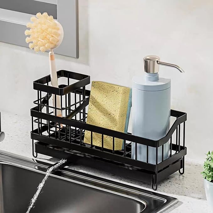 BGRQRIQ Large Sponge Holder for Sink, Stainless Steel Sink Caddy Organizer with Rotatable Spout - Kitchen Sink Organizer for Sponges, Brushes, Detergent & Sink Stopper - Space Saving Home Essentials