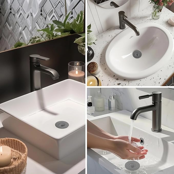 Hibbent Upgraded 3 in 1 Bathroom Sink Drain Strainer, Universal Pop Up Stopper with Removable Stainless Steel Filter Basket Hair Catcher, Sink Plug for 1.1''~2.36'' Basin, Brass Bullet Core, Grey