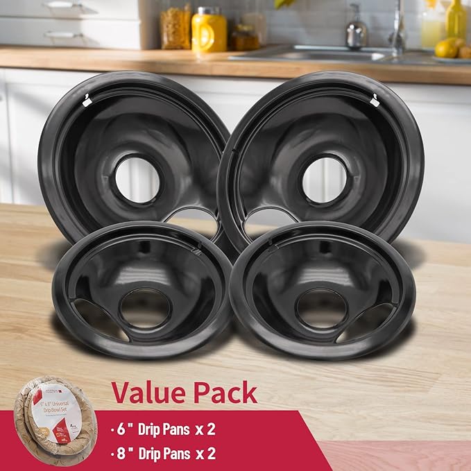 Stove Drip Pan for Electric Stove Top, Compatible with Frigidaire 10% Energy Save by Enamel Spraying Prevent Bending and Rust Includes a Set of 4 Oven Burner Drip Pans, Black