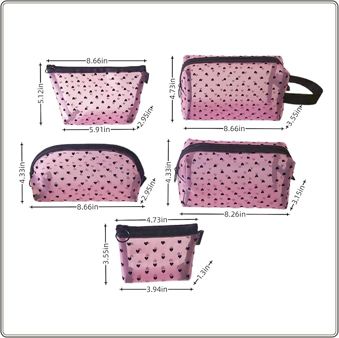 5 Pieces Mesh Heart Makeup Bags Sets, Zipper Mesh Cosmetic Bag Toiletry Bag, Travel Makeup Bags for Women, Small Items Storage Organizer Bags for Home Office Travel (Pink)