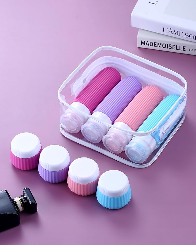 Travel Bottles for Toiletries 8 Pack, TSA Approved Travel Size Toiletries 3 oz, Travel Containers for Toiletries, with Clear Bag, Leak Proof Silicone Squeezable Travel Essentials Creams Jars