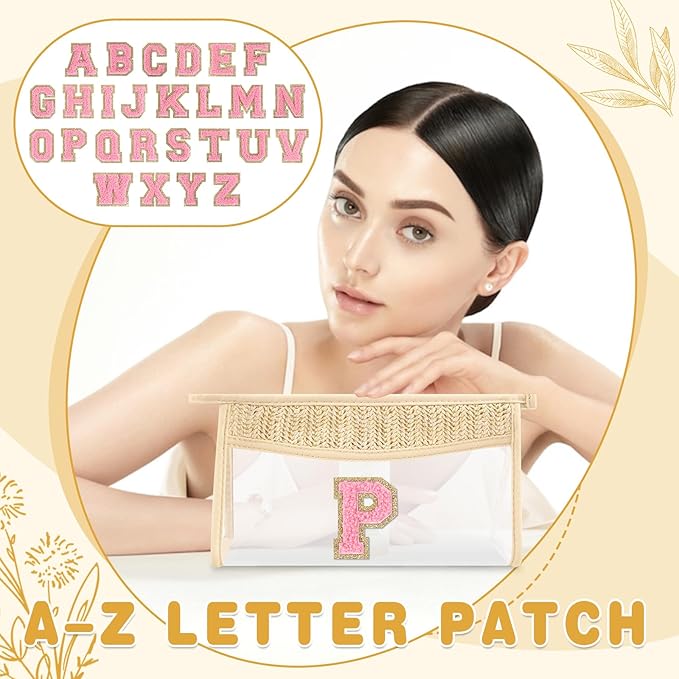 Small Boho Straw Initial Letter Makeup Bag Personalized Gift ,Cute Clear Chenille Patch Makeup Bag With Zipper,Trendy TSA Approved Travel Toiletry Bag,Gift for Women Girls Birthday Friend, Letter P