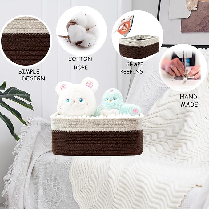 COMFY HOMI 11.5"x7.5"x4.7" Storage Baskets for Organizing | Cotton Rope Woven Basket | Toy Storage Bin Box | Basket for Shelves, Closet Organizer Bin, Decorative Closet Shelf, 3 Pack, dark brown/white