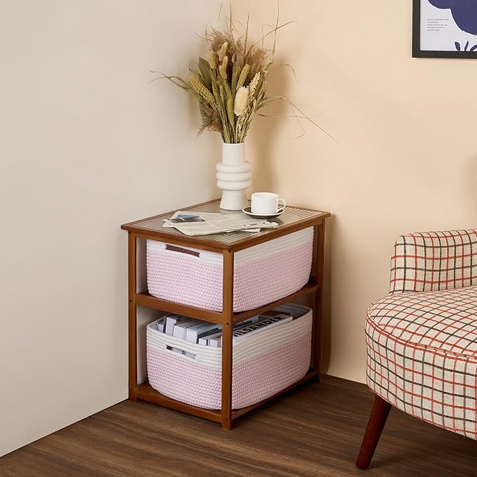 MiniArk Large Storage Baskets for Organizing, Closet Shelf Baskets for Clothes Blanket Towels, Baby Nursery, Toy Bins Box, Woven Rope Baskets, 17 x 13 x 7.5”, 4 Packs Woven Pink