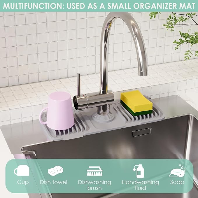 14.6 Inch Silicone Faucet Mat for Kitchen Sink Splash Guard - 7Β° Slope Water Draining Mat With Fasten Button for Bathroom Area (Gray, 14.6''x5.5'')